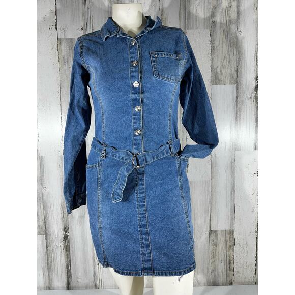 Skechers Denim Dress Girls Size 16 Belted Rhinestones Embroidered Vintage